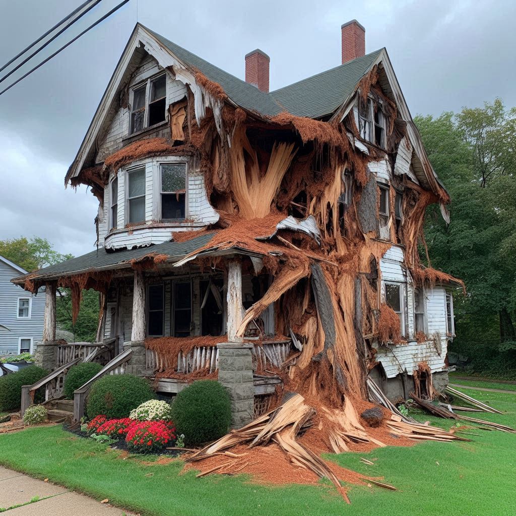 Damaged tree on an North Salem home showing signs of disease and decay